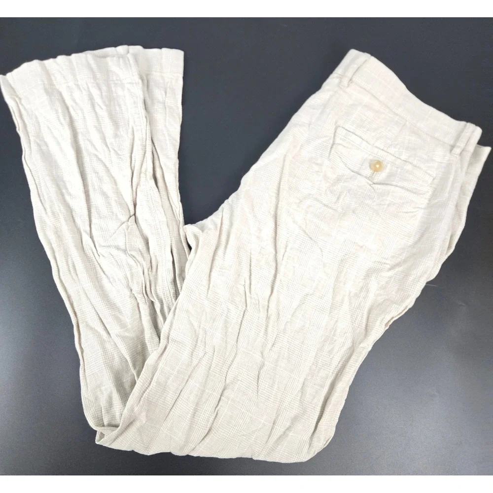 J.Crew Mens Straight Linen Cotton Blend Pants Beige Crosshatch BH747 34x34(32)